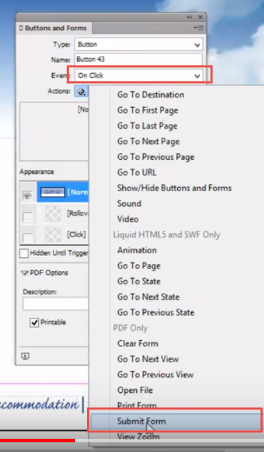 Adobe InDesign submit button action
