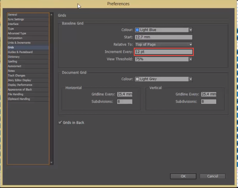 Adobe InDesign Baseline Grid Preferences