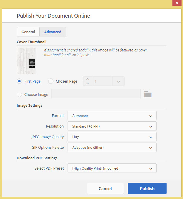 Adobe indesign publish online advanced options